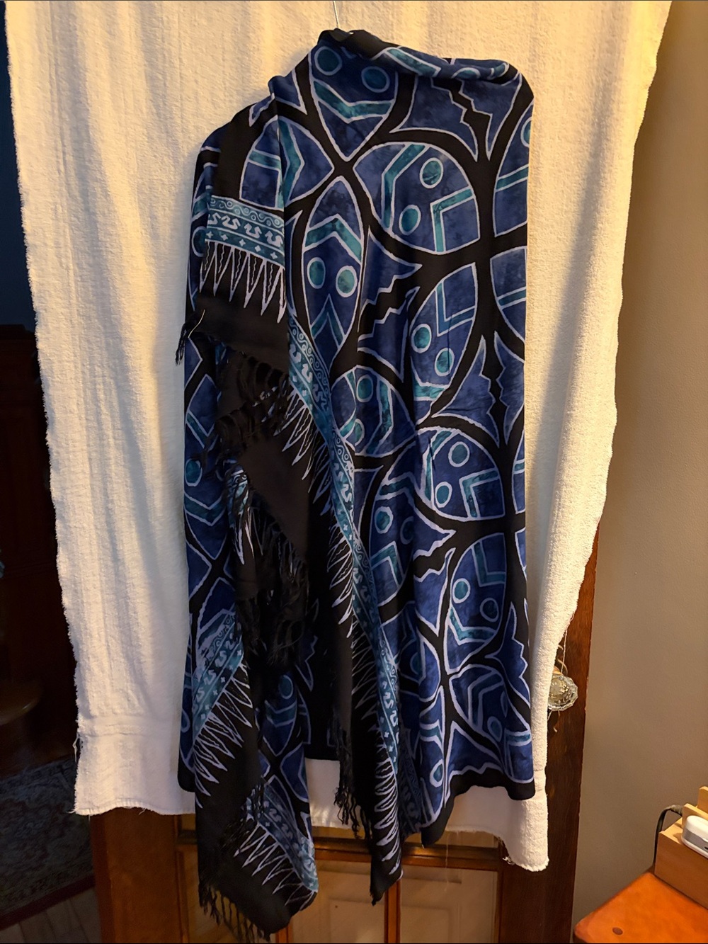 Blue & Black Geometric Fringe Scarf/Wrap